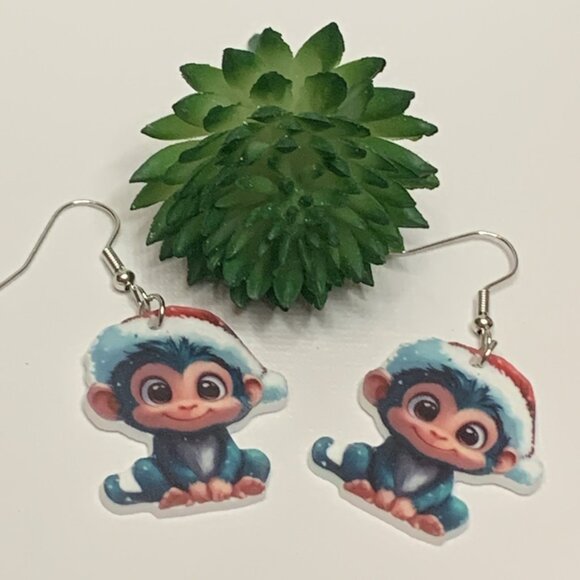 Monkey Earring, Santa Earring, Christmas Earring, Holiday Earring, Gift Idea - Picture 1 of 4